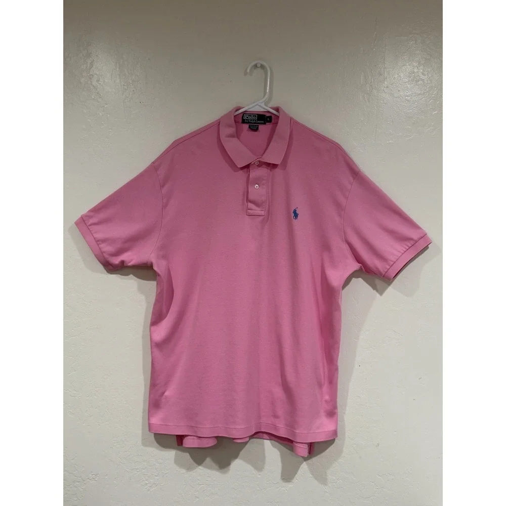 Polo Ralph Lauren Mens Large Pink Short Sleeve Cotton Pique Polo Shirt Blue Pony